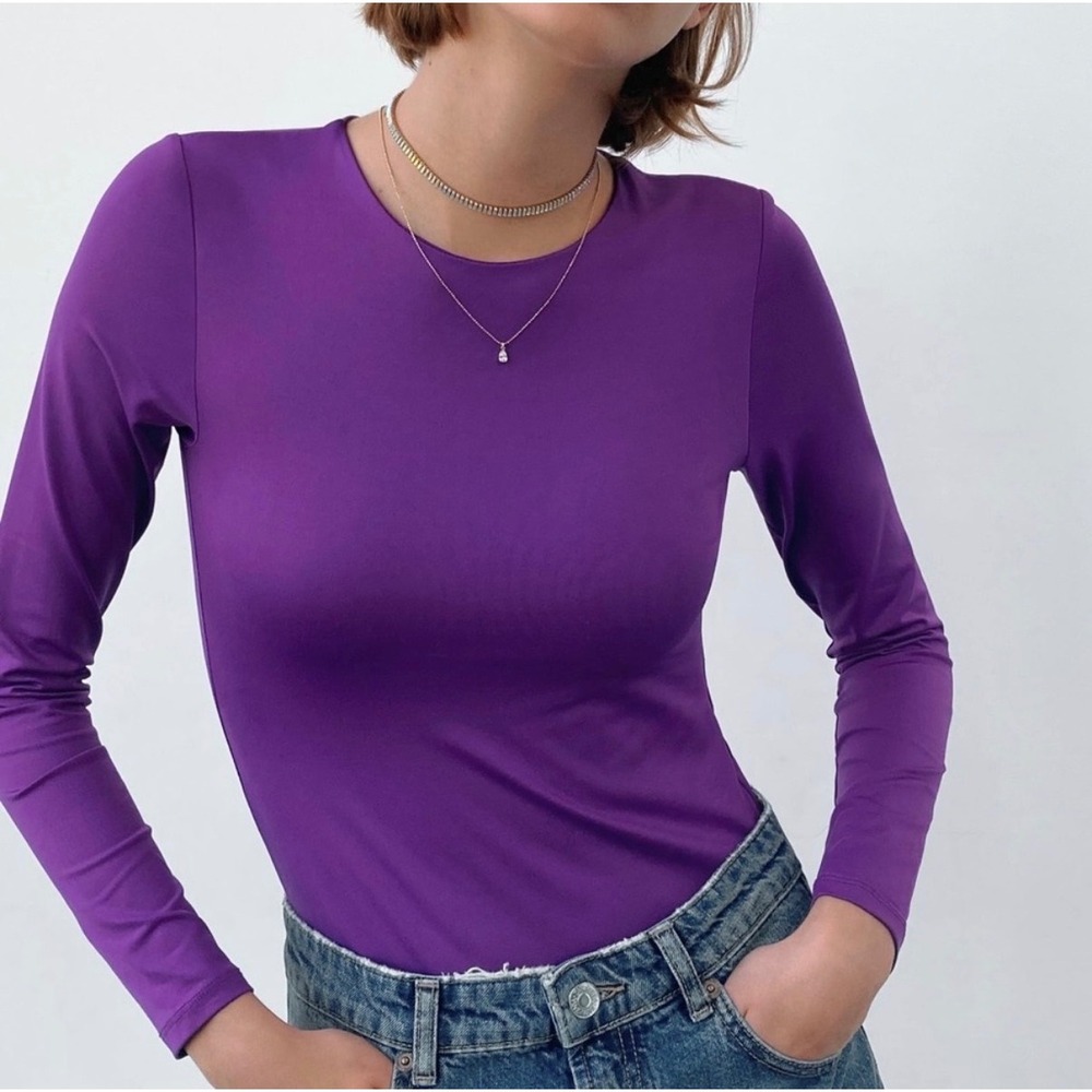 NWT Zara Purple Long Sleeve Crew Neck Snap Bottom Bodysuit Size S